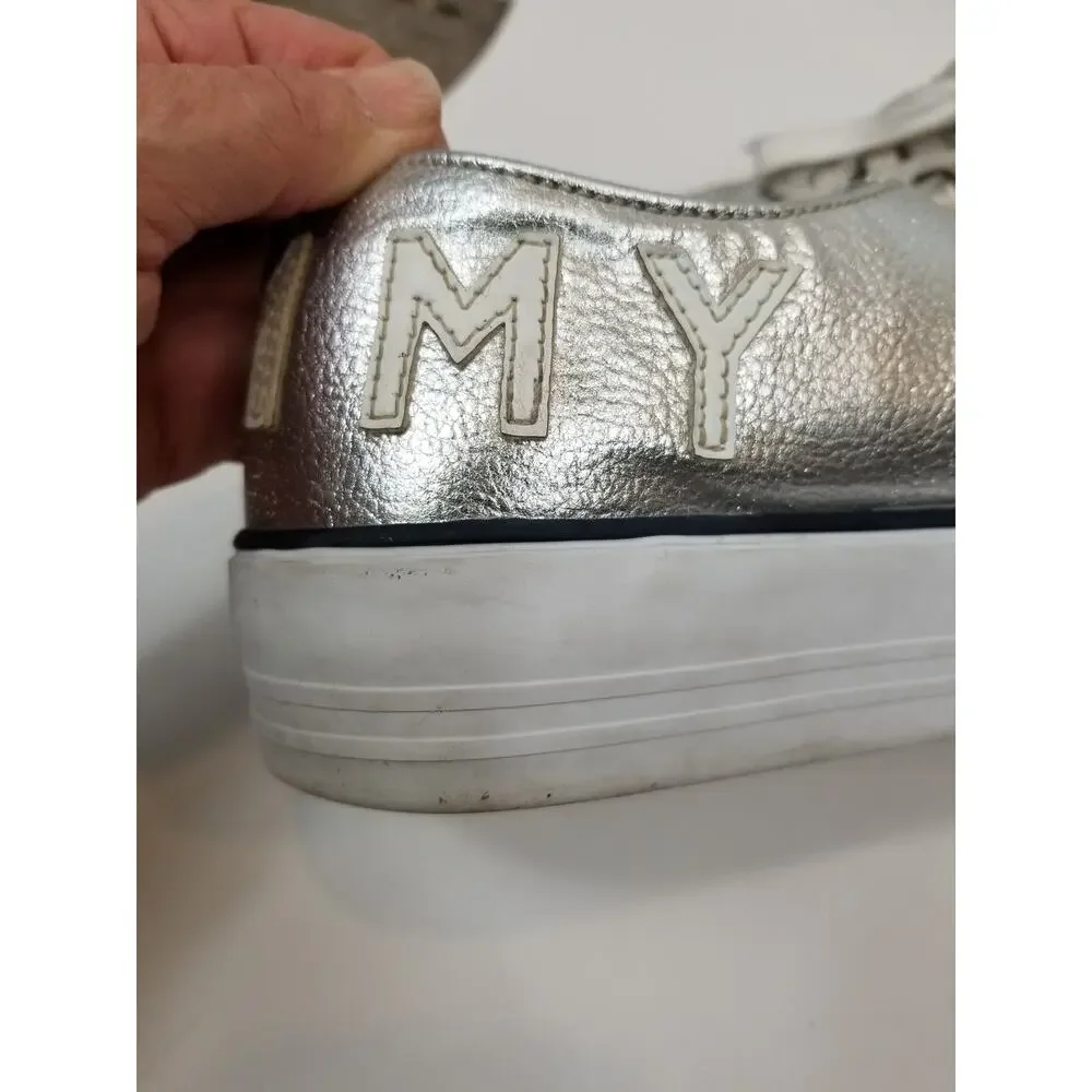 Tommy Hilfiger Helien Metallic Silver White Leather Lace Up Sneakers Women's 9.5